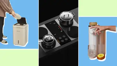 Left to right: Person emptying food scraps into the Reencle composter; Impulse cooktop with cookware atop; hand using the Bello water filter.