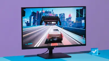 The Corsair Xeneon 32QHD240 monitor displaying Cyberpunk 2077 gameplay.