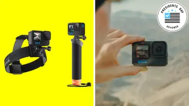 A collection of GoPro cameras with the Presidents Day Reviewed badge in front of different backgrounds.