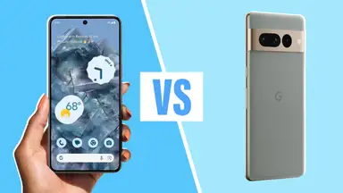 A person holding a Google Pixel 7 Pro next to a Google Pixel 8 Pro smart phone.