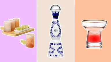 Himalayan salt glasses, bottle of Clase Azul tequila, margarita glass