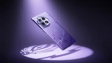 The back of the purple Genshin Impact edition OnePlus 12R smartphone floating while illuminated by a purple spotlight.