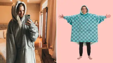 The author wearing The Comfy Original and a model wearing the same hoodie in a different color.