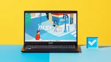 The MSI Modern 15 (2023) in black on a blue and yellow background next to a Reviewed checkmark.