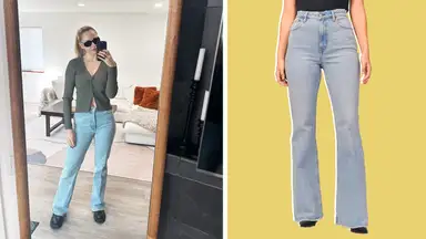 Image of a woman wearing blue flare jeans with a cardigan, and a close-up of a model wearing the same jeans.