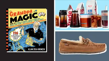 Grandpa Magic book, L.L. Bean Wicked Good Moccasins, Trade coffee subscription on blue grey and black background