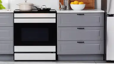 The Samsung Bespoke NSI6DB990012AA Induction Range between grey cabinets in a kitchen.
