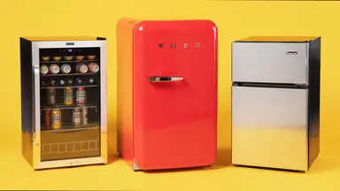 A shot of three of our top-testing mini fridges, the Whynter BR-1211DS, Smeg FAB10URRD3, and Magic Chef HMDR31GSE.