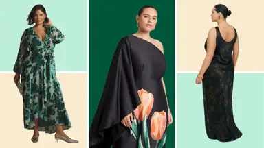 Collage image of women wearing a green floral velvet gown, a black one-shoulder gown with pink tulip print, and a black floral gown.