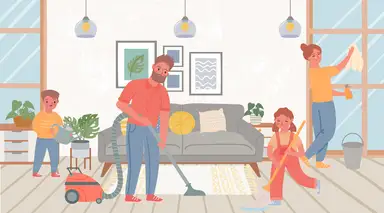Illustration of family of 4, including 2 kids, cleaning a house