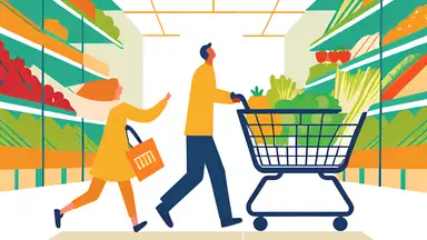 Shoppers pushing grocery cart through wholesale club aisle with food.