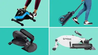 Four under-desk ellipticals in a grid on a green background