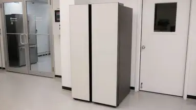 A Samsung Bespoke RS28CB7600 side-by-side refrigerator in the testing lab.