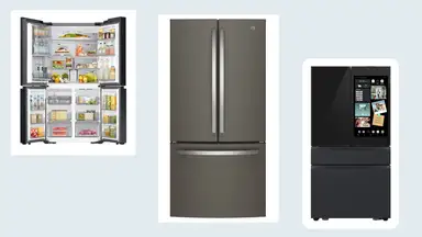 A 4-door fridge with all doors open, a French-door fridge with all doors closed, and a black fridge with a touchscreen.