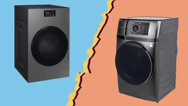 GE Profile Washer Dryer Combo and Samsung Bespoke AI Washer Dryer Combo on ripped paper background
