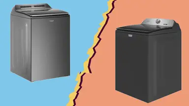 Whirlpool WTW8127LC  and Maytag Pet Pro MVW6500MBK washing machines side by side on a torn paper background