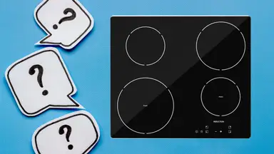 Question mark bubbles surround an induction stovetop on a blue background