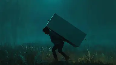A person sneaking through the night with a refrigerator on their back