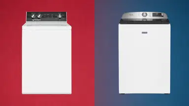 Speed Queen and Maytag top-load washers side by side on colored background