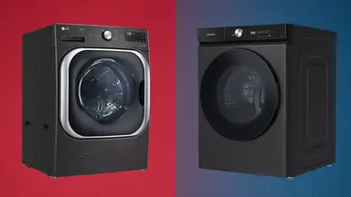 An LG washer on a red background and a Samsung washer on a blue background