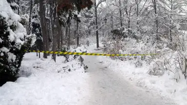 Piece of barrier tape in a snowy forest blocking entry