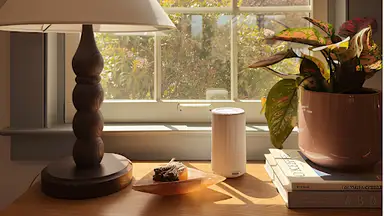 Pura diffuser review setup featuring a compact white Pura smart fragrance diffuser on a windowsill beside a lamp, books, and houseplant in a sunlit room.