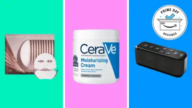 Promotional Prime Day deals graphic featuring CeraVe Moisturizing Cream, a Frigidaire mini refrigerator, and a portable Bluetooth speaker on colorful background panels with a Prime Day Reviewed badge.