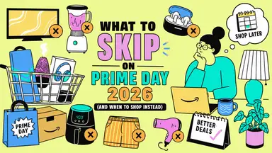 An illustration of a person on a laptop on a yellow background surrounding by product icons like air fryers, clothes, and blenders, each with an X on them