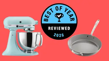 A red background with product images of a KitchenAid mixer and a frying pan
