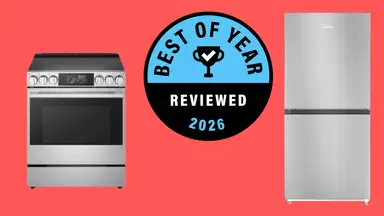 A red background with product images of an oven and refrigerator