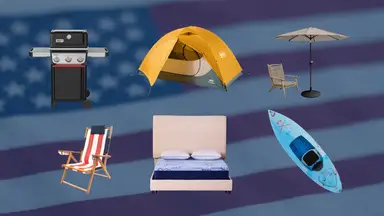 Illustration of outdoor products including a grill, tent, patio furniture, beach chair, mattress, and kayak against an American flag background.