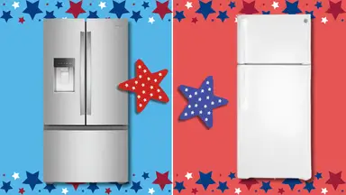 Side-by-side comparison of a French door refrigerator and a top-freezer refrigerator with a patriotic stars-and-stripes background.