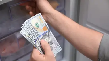Person holding a stack of cash in front of an open fridge