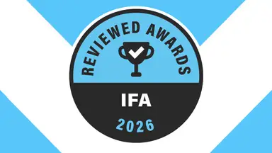 A circular Reviewed Award badge sits on a white and blue background
