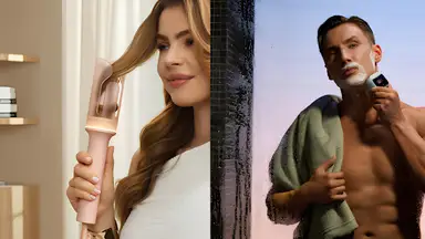 A split image of a woman using a pink automatic hair curler and a man shaving with a portable electric shaver.