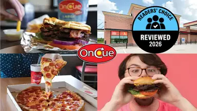 A collage of OnCue food and locations including a double bacon burger, a pepperoni pizza, a store exterior, and a person biting into a cheeseburger, with the OnCue logo and a Readers' Choice Reviewed 2026 badge.