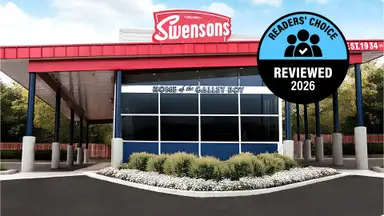 The exterior of a Swensons Drive-In location featuring the chain's red retro logo and a window sign reading "Home of the Galley Boy," overlaid with a Readers' Choice Reviewed 2026 badge.