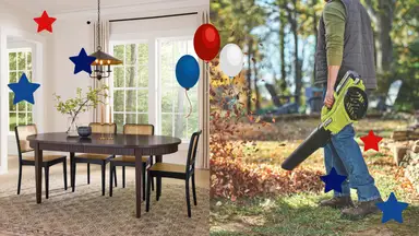 A split image showing a dining room set on an area rug and a person using a RYOBI leaf blower outdoors, with red, white, and blue stars and balloons marking The Home Depot's Labor Day event.