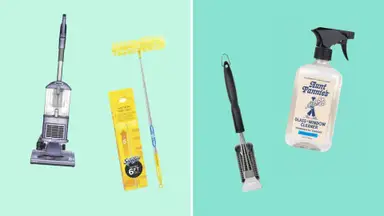 A vacuum, duster, grill brush, and bottle of glass cleaning spray on a blue and green background.