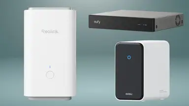 Three home security hubs sit on a light blue gray background