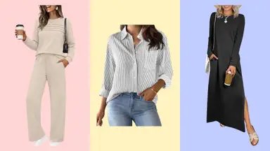 Three women wearing wrinkle-free travel outfits