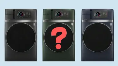 Three washer dryer combos on a blue background with a red question mark
