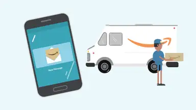 a cartoon of a phone on the left shows an amazon delivery message while the image on the right shows a cartoon delivery truck and amazon delivery driver