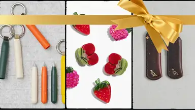 Pen keychains, fruit hair clips, and leather handle covers wrapped in a bow
