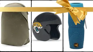 A beige backpage, a Jacksonville Jaguars football helmet, and a monocle