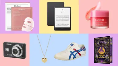 Biodance Bio-Collagen Real Deep Mask, Amazon Kindle Paperwhite, Laneige Lip Sleeping Mask, Kodak PIXPRO FZ55 Digital Camera, Ana Luisa Lev Small Gold Heart Necklace, Onitsuka Tiger Mexico 66, and Sunrise on the Reaping: Collector's Gift Edition on a solid multicolored, tiled background.