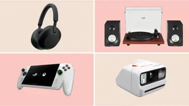 A collage featuring the Sony WH-1000XM5 headphones, Crosley turntable, ASUS ROG Xbox Ally, and the Polaroid Go Gen 3.