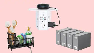 A sink caddy, outlet with shelf, and set of four sheet organizers against a pink background.