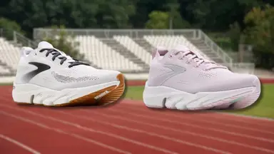 Two Brooks Glycerin Flex shoes overlaid a running track background