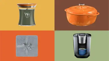 Woodwick candle, Barefoot throw blanket, Lodge cast iron dutch oven, Keurig K-Elite Coffee Maker